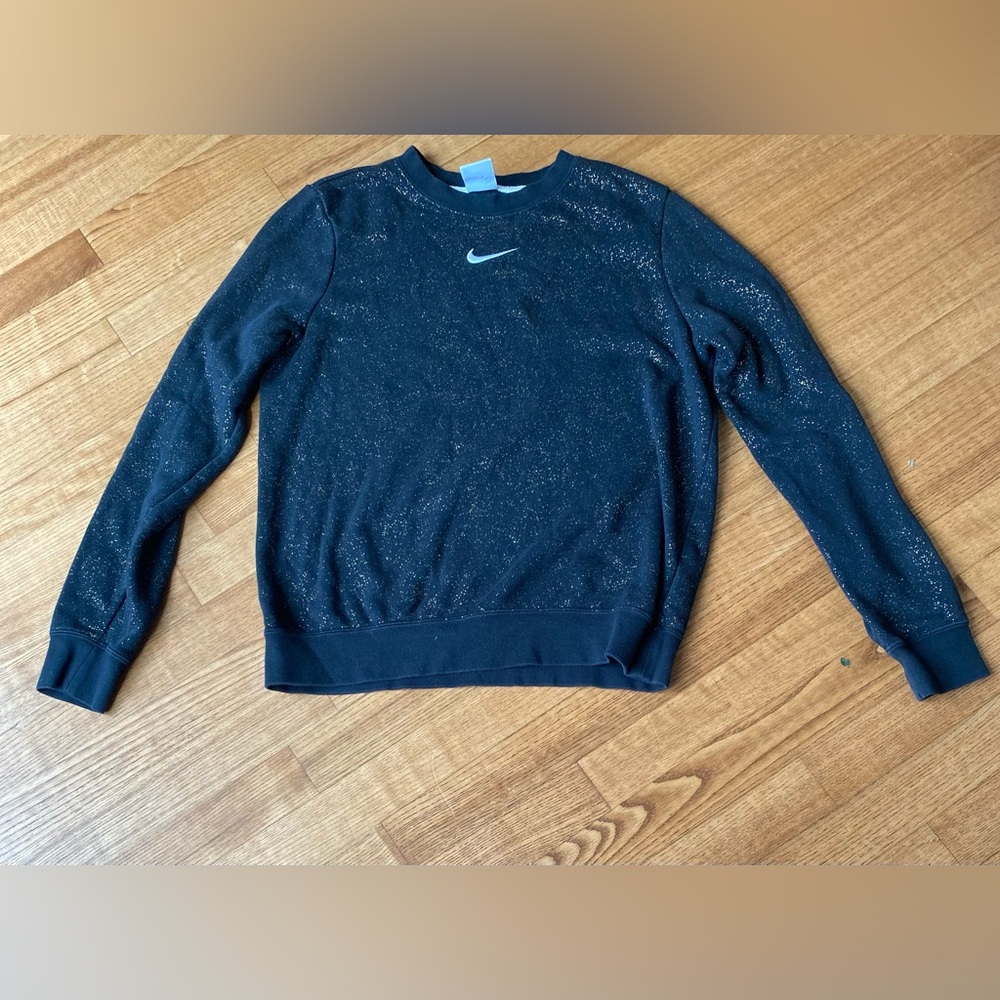 Nike Black crew neck 90s Sweatshirt w/gold sparkles glitter White Swoosh Vintage